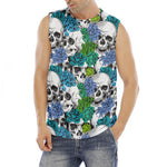 Green Blue Flowers Skull Pattern Print Men's Fitness Tank Top