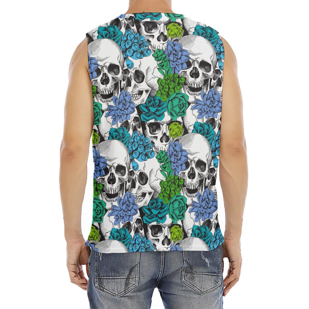 Green Blue Flowers Skull Pattern Print Men's Fitness Tank Top