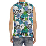 Green Blue Flowers Skull Pattern Print Men's Fitness Tank Top