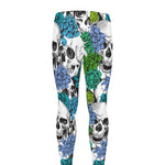 Green Blue Flowers Skull Pattern Print Men's leggings