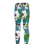 Green Blue Flowers Skull Pattern Print Men's leggings