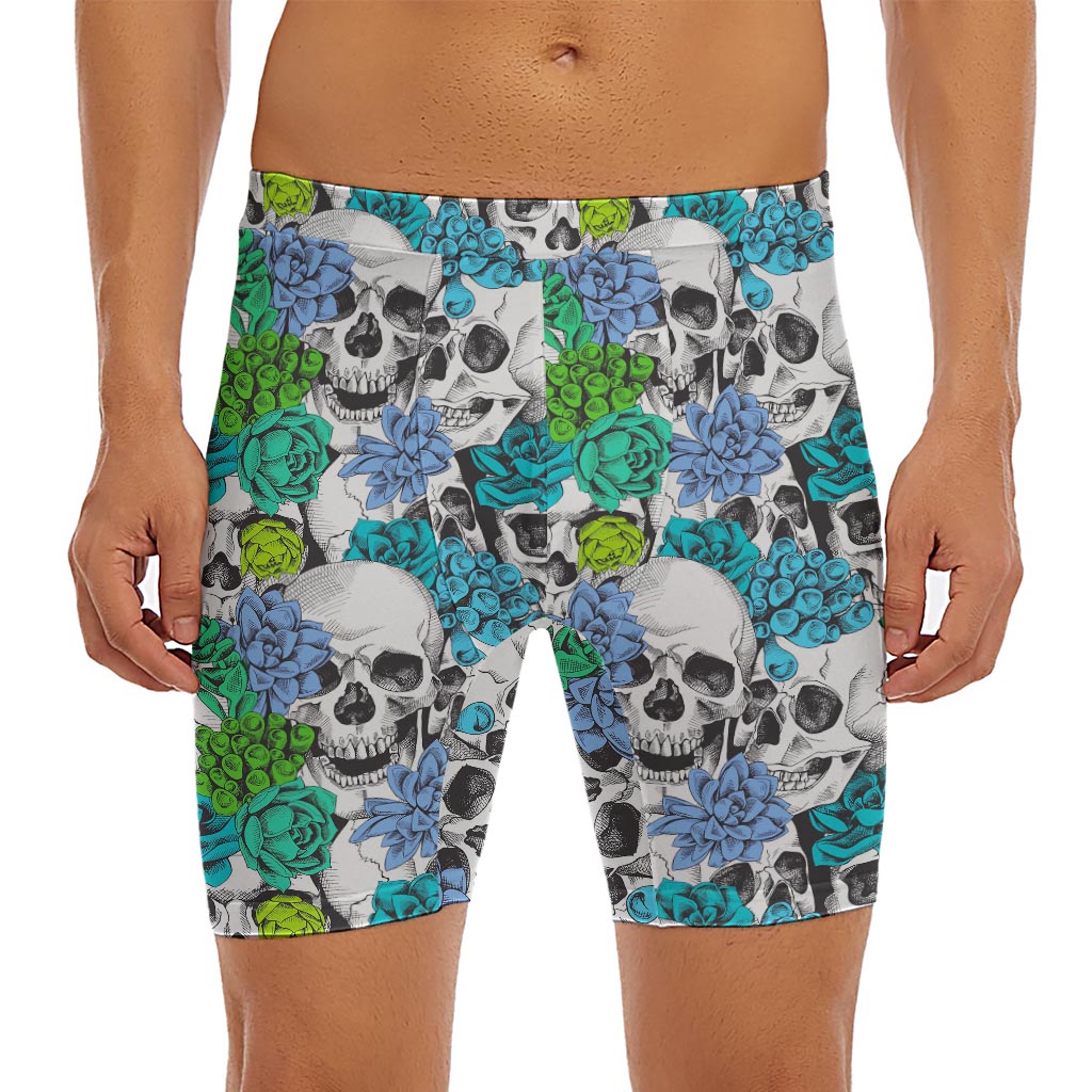 Green Blue Flowers Skull Pattern Print Men's Long Boxer Briefs