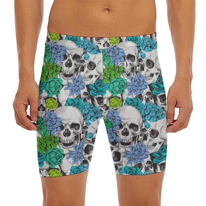 Green Blue Flowers Skull Pattern Print Men's Long Boxer Briefs