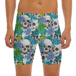 Green Blue Flowers Skull Pattern Print Men's Long Boxer Briefs