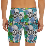 Green Blue Flowers Skull Pattern Print Men's Long Boxer Briefs