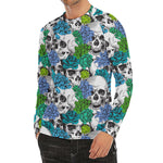 Green Blue Flowers Skull Pattern Print Men's Long Sleeve Rash Guard