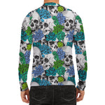 Green Blue Flowers Skull Pattern Print Men's Long Sleeve Rash Guard