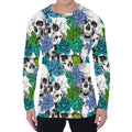 Green Blue Flowers Skull Pattern Print Men's Long Sleeve T-Shirt