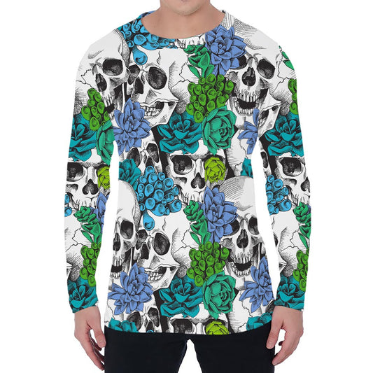 Green Blue Flowers Skull Pattern Print Men's Long Sleeve T-Shirt