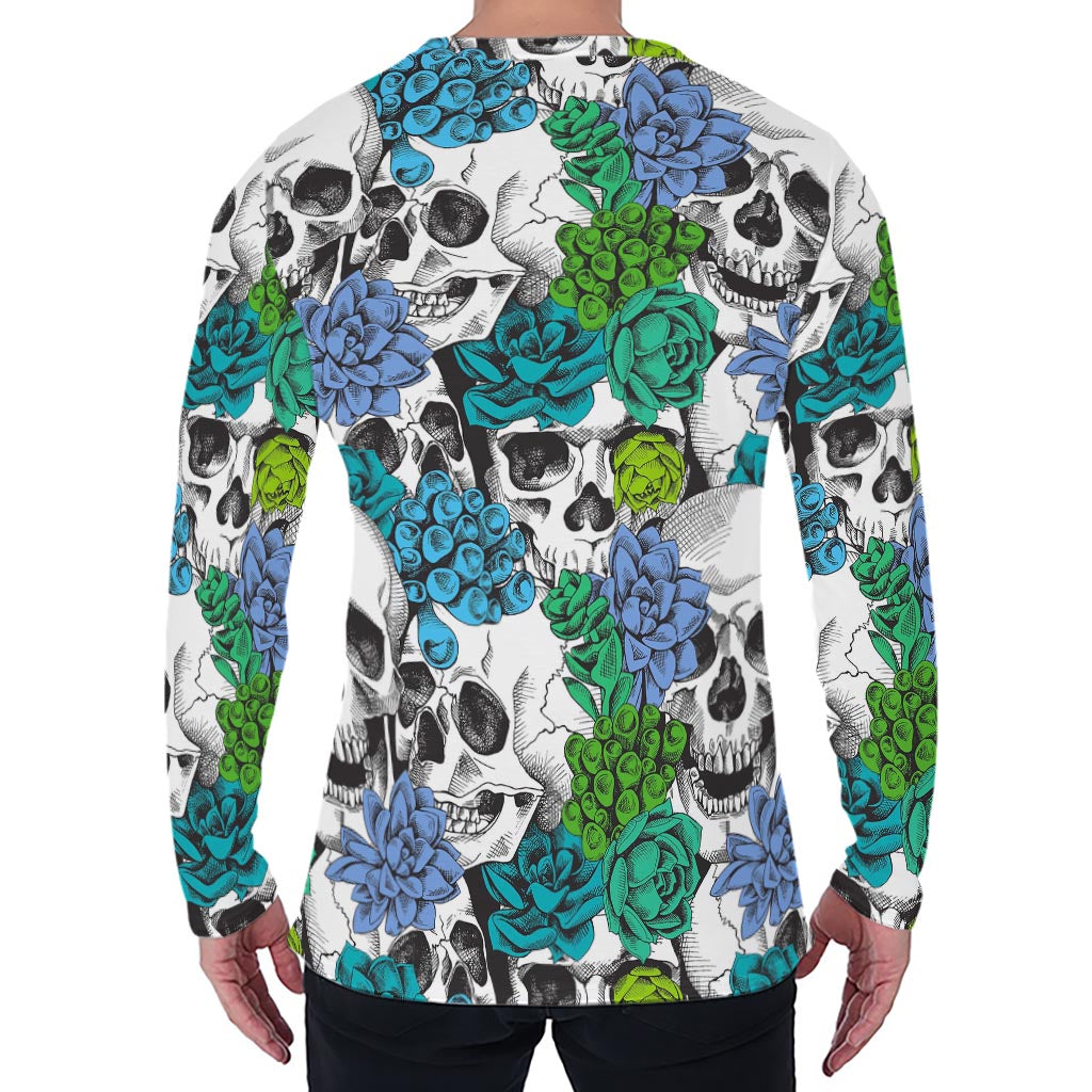 Green Blue Flowers Skull Pattern Print Men's Long Sleeve T-Shirt