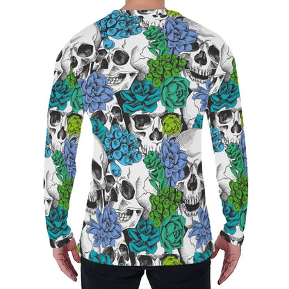Green Blue Flowers Skull Pattern Print Men's Long Sleeve T-Shirt