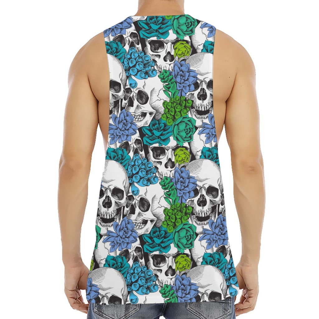Green Blue Flowers Skull Pattern Print Men's Muscle Tank Top