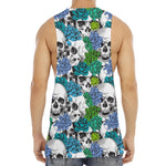 Green Blue Flowers Skull Pattern Print Men's Muscle Tank Top