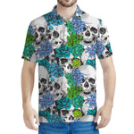 Green Blue Flowers Skull Pattern Print Men's Polo Shirt