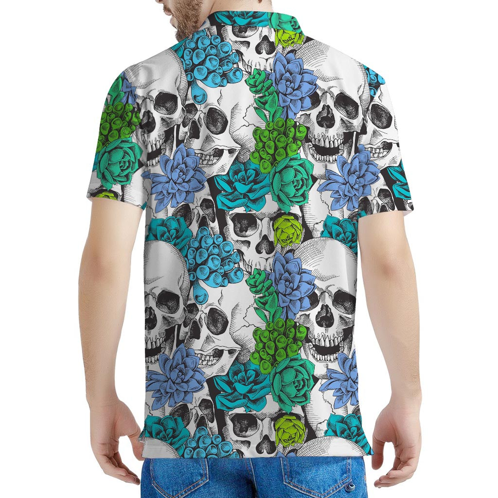 Green Blue Flowers Skull Pattern Print Men's Polo Shirt