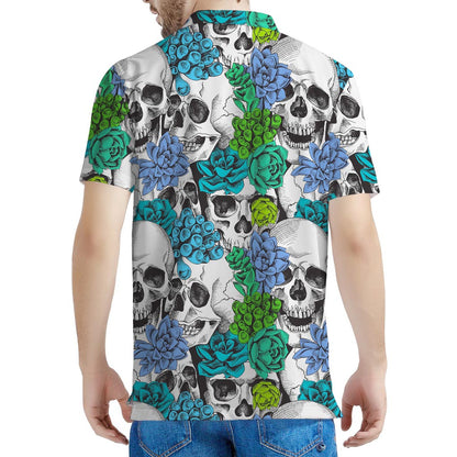 Green Blue Flowers Skull Pattern Print Men's Polo Shirt