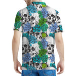 Green Blue Flowers Skull Pattern Print Men's Polo Shirt