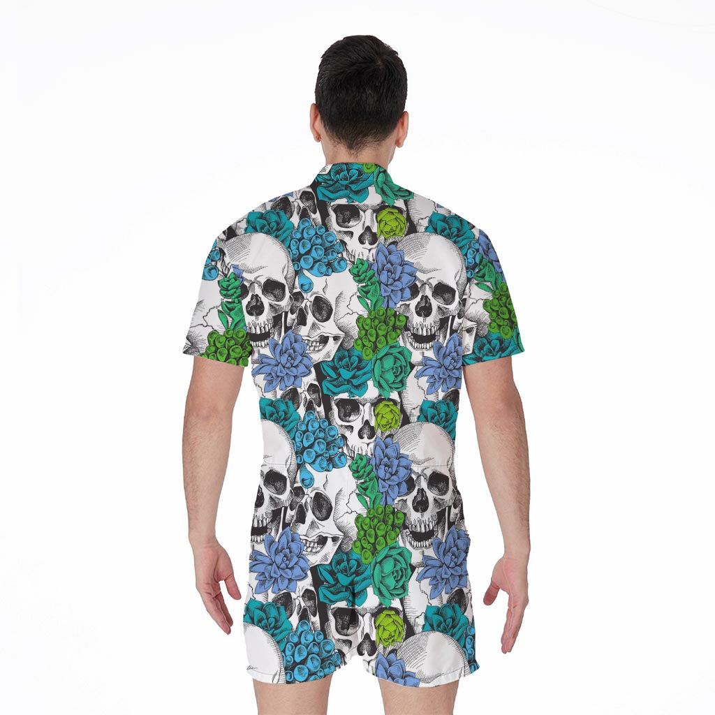 Green Blue Flowers Skull Pattern Print Men's Rompers