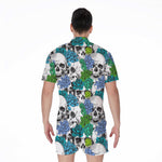 Green Blue Flowers Skull Pattern Print Men's Rompers