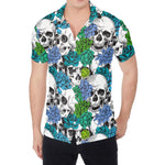 Green Blue Flowers Skull Pattern Print Men's Shirt