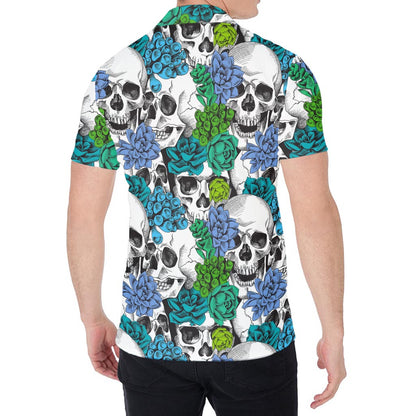 Green Blue Flowers Skull Pattern Print Men's Shirt