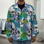Green Blue Flowers Skull Pattern Print Men's Shirt Jacket