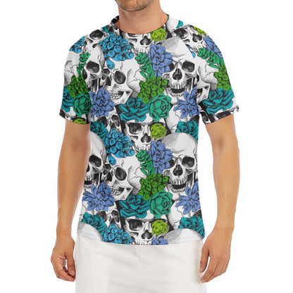 Green Blue Flowers Skull Pattern Print Men's Short Sleeve Rash Guard