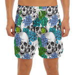 Green Blue Flowers Skull Pattern Print Men's Split Running Shorts