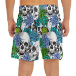 Green Blue Flowers Skull Pattern Print Men's Split Running Shorts
