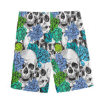 Green Blue Flowers Skull Pattern Print Men's Sports Shorts