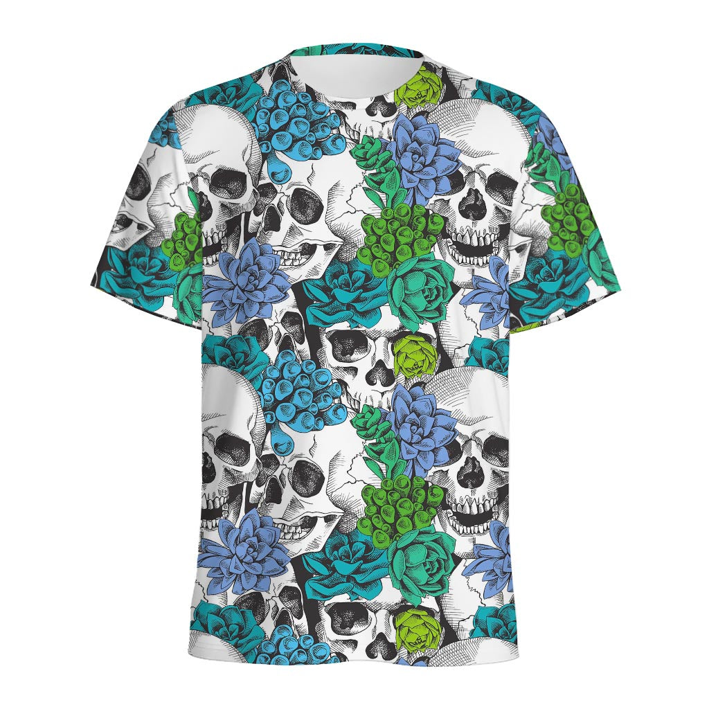 Green Blue Flowers Skull Pattern Print Men's Sports T-Shirt