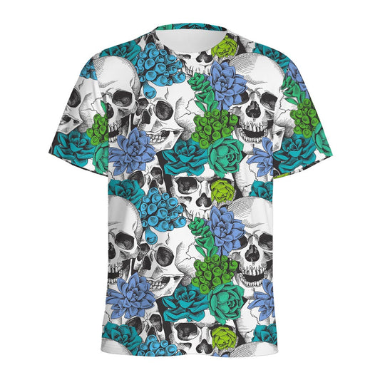 Green Blue Flowers Skull Pattern Print Men's Sports T-Shirt
