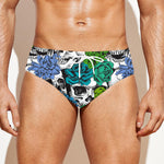 Green Blue Flowers Skull Pattern Print Men's Swim Briefs