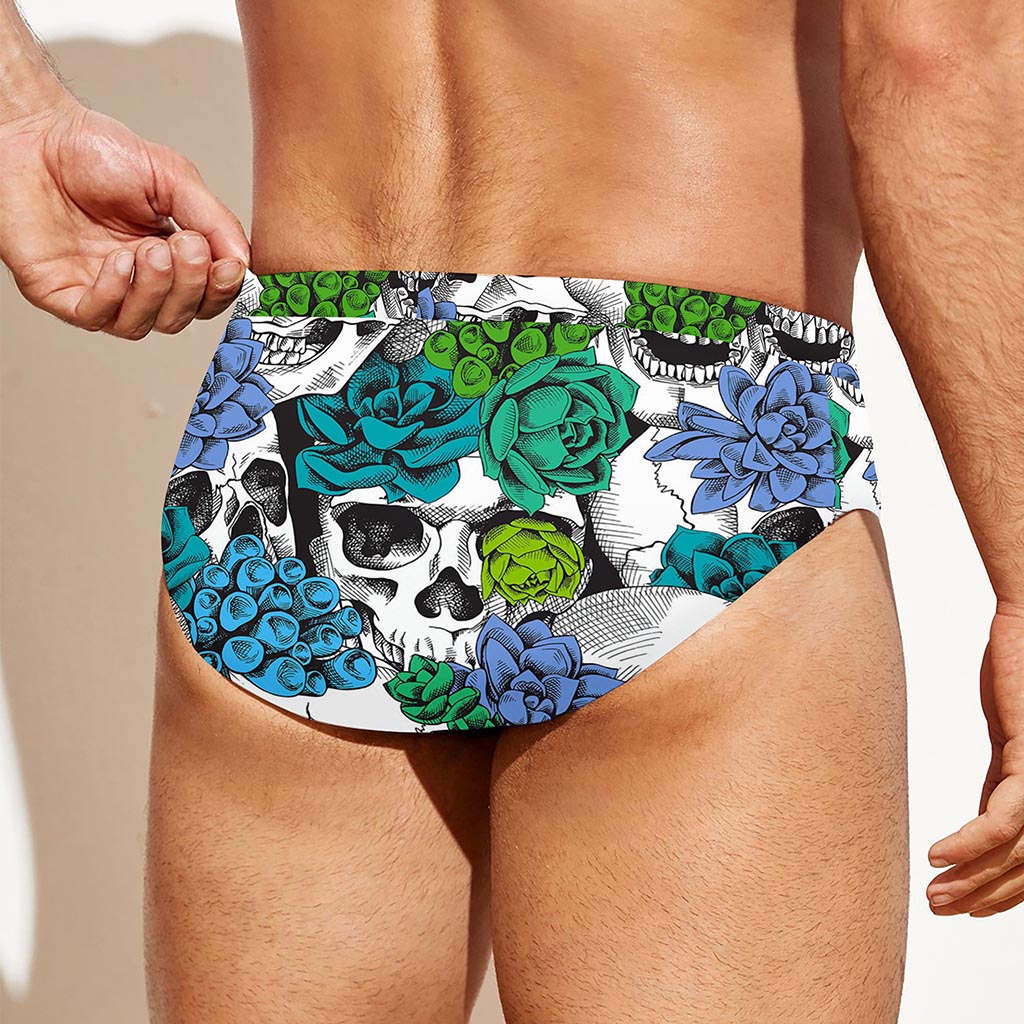 Green Blue Flowers Skull Pattern Print Men's Swim Briefs