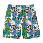 Green Blue Flowers Skull Pattern Print Men's Swim Trunks