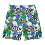 Green Blue Flowers Skull Pattern Print Men's Swim Trunks