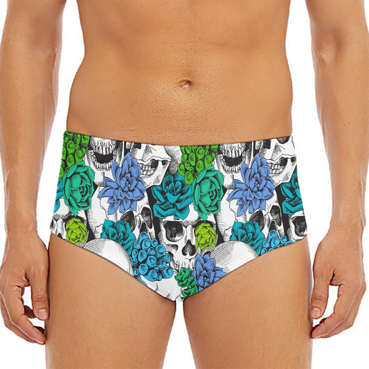 Green Blue Flowers Skull Pattern Print Men's Triangle Swim Briefs