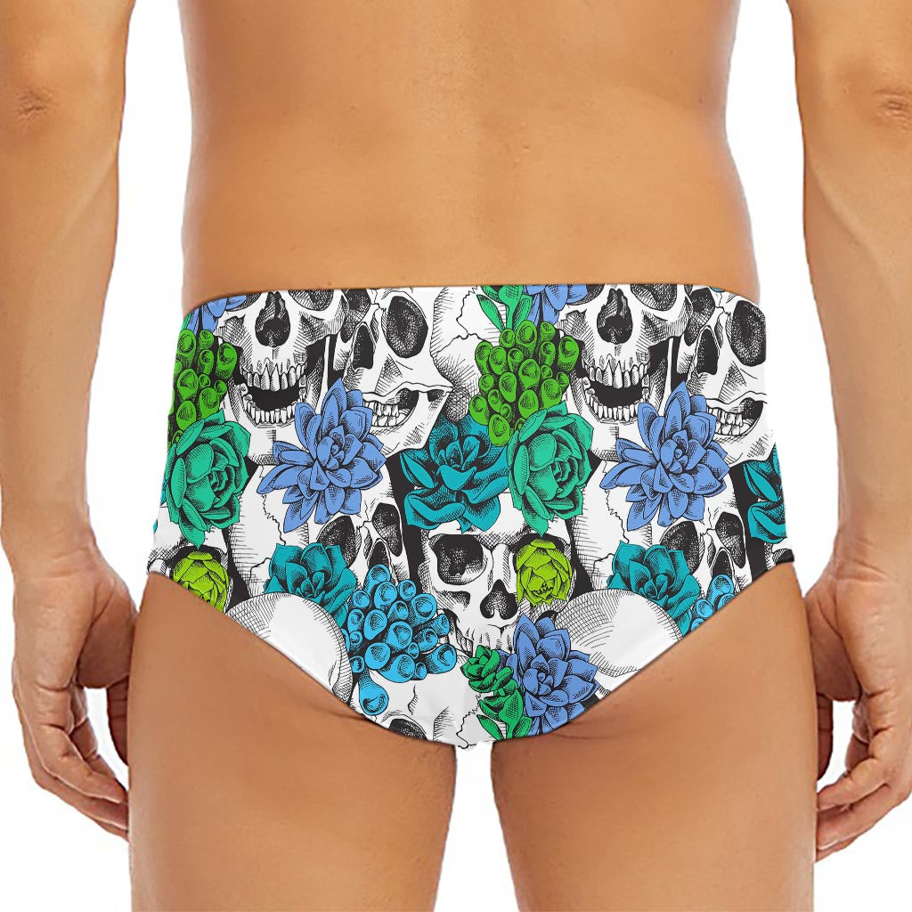 Green Blue Flowers Skull Pattern Print Men's Triangle Swim Briefs