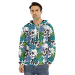 Green Blue Flowers Skull Pattern Print Men's Velvet Pullover Hoodie