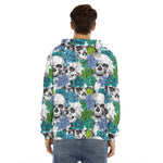 Green Blue Flowers Skull Pattern Print Men's Velvet Pullover Hoodie