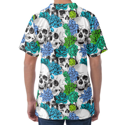Green Blue Flowers Skull Pattern Print Men's Velvet T-Shirt