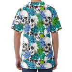 Green Blue Flowers Skull Pattern Print Men's Velvet T-Shirt