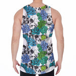 Green Blue Flowers Skull Pattern Print Men's Velvet Tank Top
