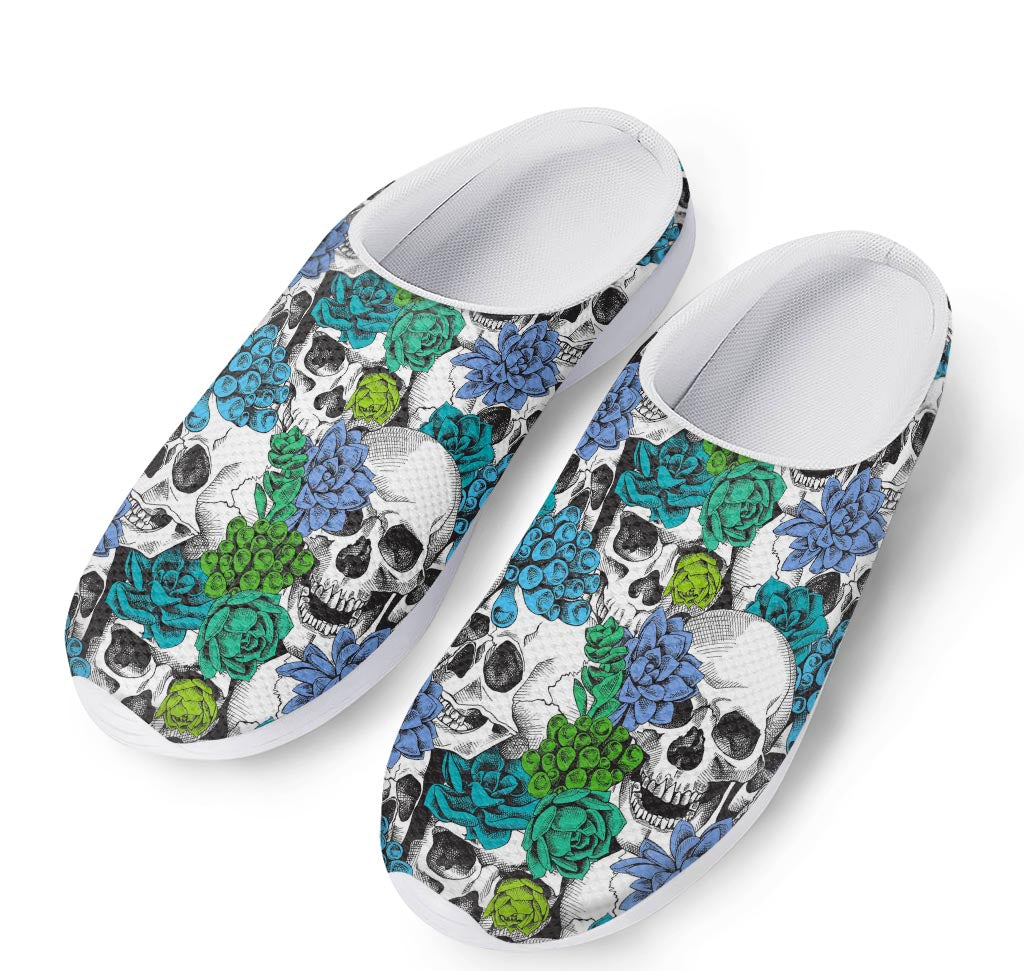 Green Blue Flowers Skull Pattern Print Mesh Casual Shoes