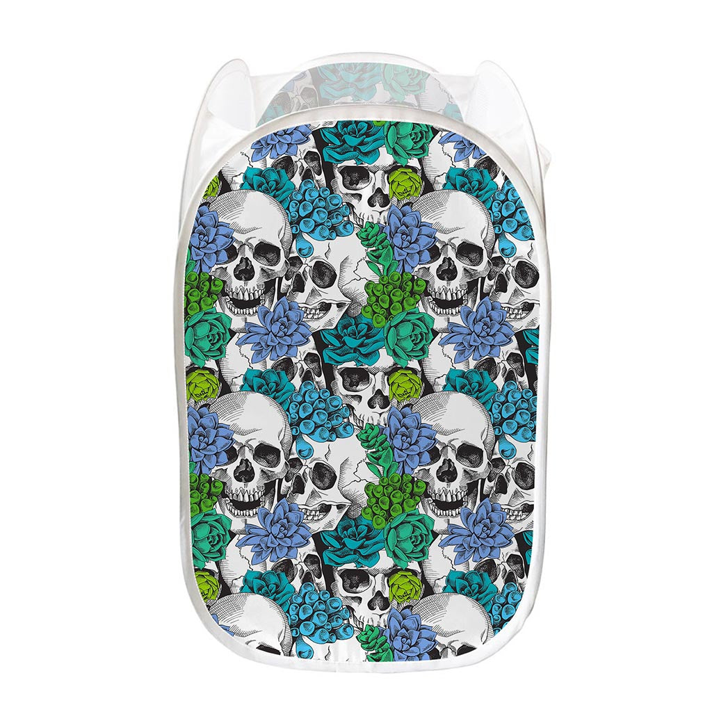 Green Blue Flowers Skull Pattern Print Mesh Laundry Hamper