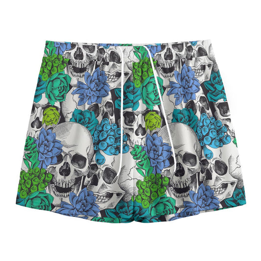 Green Blue Flowers Skull Pattern Print Mesh Shorts