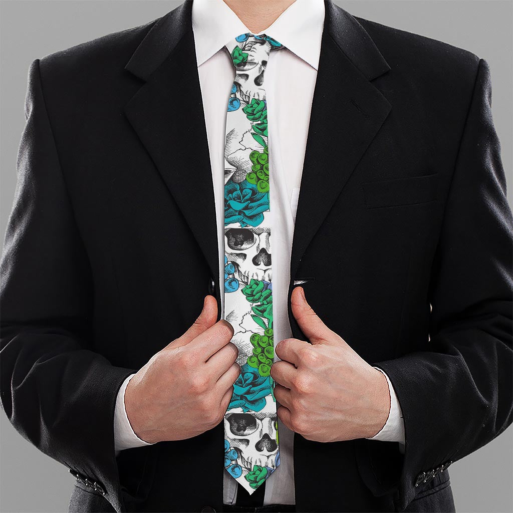 Green Blue Flowers Skull Pattern Print Necktie