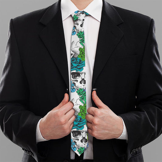 Green Blue Flowers Skull Pattern Print Necktie