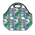 Green Blue Flowers Skull Pattern Print Neoprene Lunch Bag