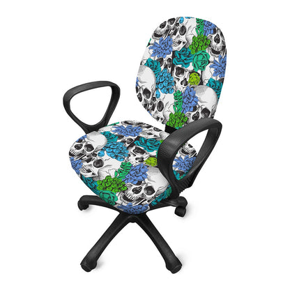 Green Blue Flowers Skull Pattern Print Office Chair Cover
